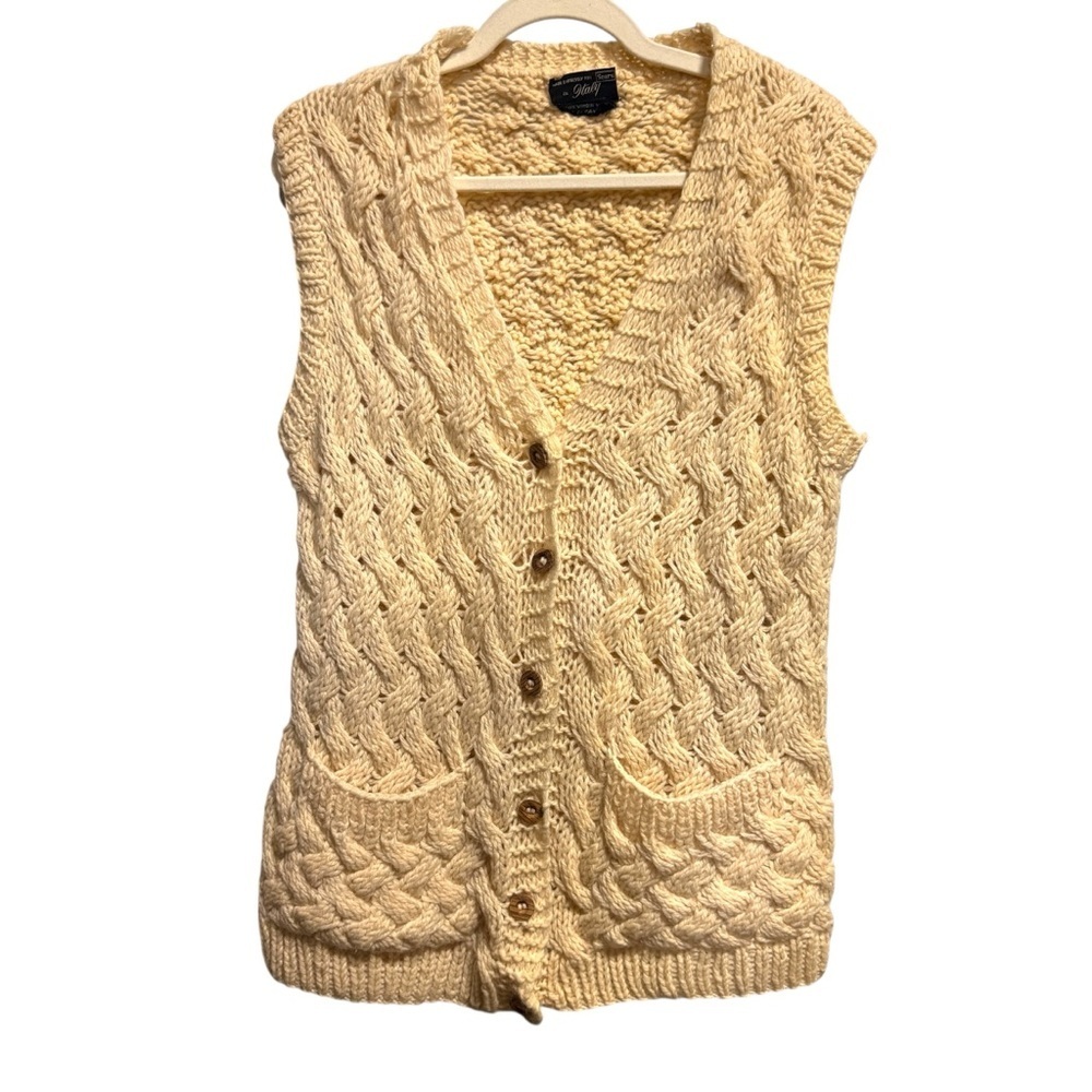 Vintage Cable Knit Wool Sweater Vest Womens Size L Cream 70s Wood Button Chunky - Picture 2 of 11